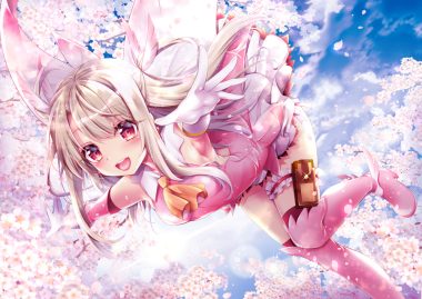 aliasing blush brown hair cherry blossoms clouds fate/kaleid liner prisma illya fate (series) flowers garter geko ohoshisama gloves illyasviel von einzbern jpeg artifacts loli long hair petals red eyes sky thighhighs