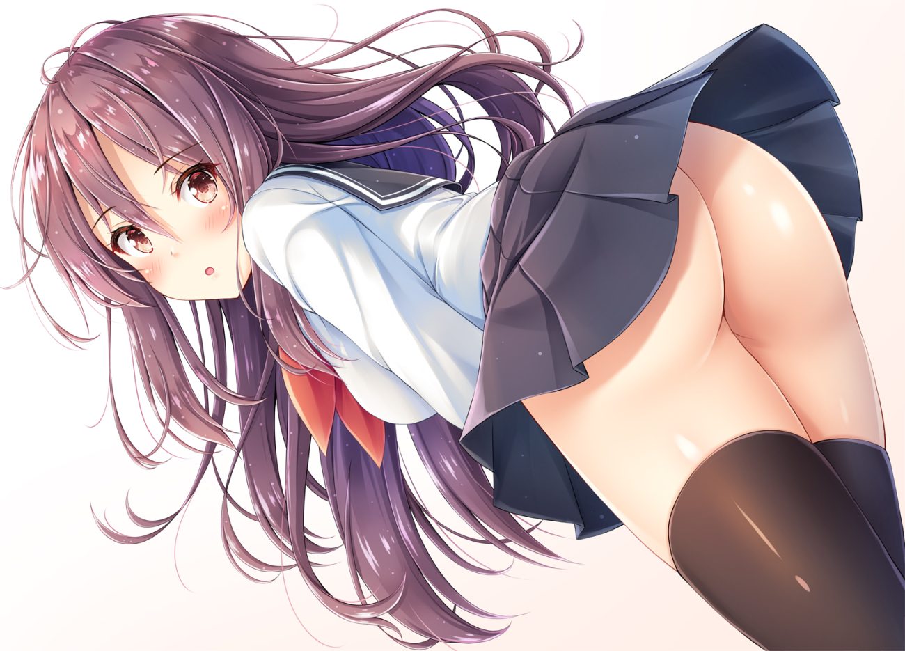 akashio (loli ace) ass blush brown eyes brown hair long hair nopan original school uniform skirt thighhighs upskirt white