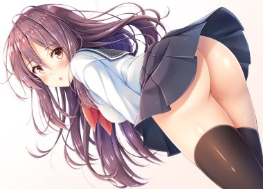 akashio (loli ace) ass blush brown eyes brown hair long hair nopan original school uniform skirt thighhighs upskirt white