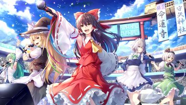 apron blonde hair blue eyes bow braids clouds dress drink gray hair green eyes group hakurei reimu hat headband headdress izayoi sakuya japanese clothes kirisame marisa kochiya sanae konpaku youmu long hair maid microphone miko myon noe noeru sake sarashi sky torii touhou underwear wink witch witch hat yellow eyes