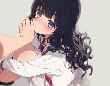 aliasing black hair blush crying gray long hair ogipote original purple eyes school uniform short hair tears