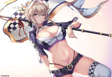 artoria pendragon (all) artoria pendragon (lancer) artoria pendragon (lancer) alter blush braids breasts brown hair cenangam choker cleavage fate/grand order fate (series) gradient navel panties short hair shorts signed tattoo thighhighs underwear wristwear yellow eyes