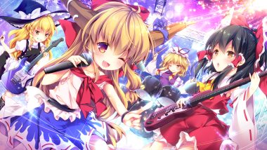 drums enjoy mix group guitar hakurei reimu ibuki suika instrument japanese clothes kirisame marisa loli miko touhou witch yakumo yukari