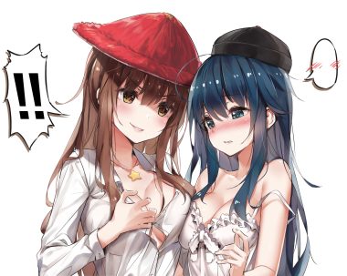 2girls blue eyes blue hair blush breast hold breasts brown eyes brown hair cleavage hat long hair no bra shirt wet.elephant white