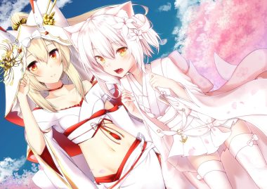 2girls animal ears anthropomorphism ayanami (azur lane) azur lane blonde hair catgirl cherry blossoms choker clouds fang flowers hood japanese clothes long hair mofu cat001 petals ponytail red eyes short hair signed sky tail thighhighs white hair yellow eyes yukata yukikaze (azur lane)