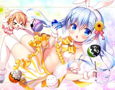 2girls animal ears blonde hair blue eyes blue hair bow bunny ears bunnygirl chibi gochuumon wa usagi desu ka? headband hoto cocoa jpeg artifacts kafuu chino loli long hair navel ponytail sasai saji signed skirt thighhighs twintails
