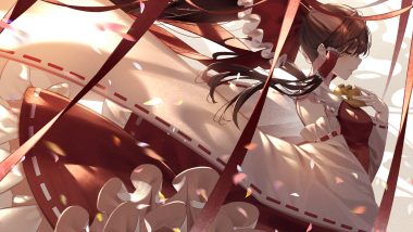 brown hair hakurei reimu japanese clothes kisui (user wswf3235) long hair miko ponytail ribbons touhou