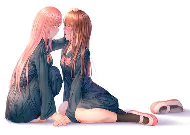 2girls blood blue eyes blush brown hair crying naginagiwaffle nosebleed original pink hair school uniform shoujo ai skirt tears white