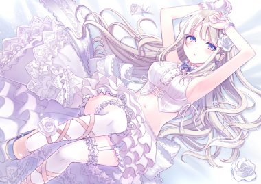 bow dress flowers kashiwabara en lolita fashion long hair navel original polychromatic purple eyes rose skirt white hair wristwear