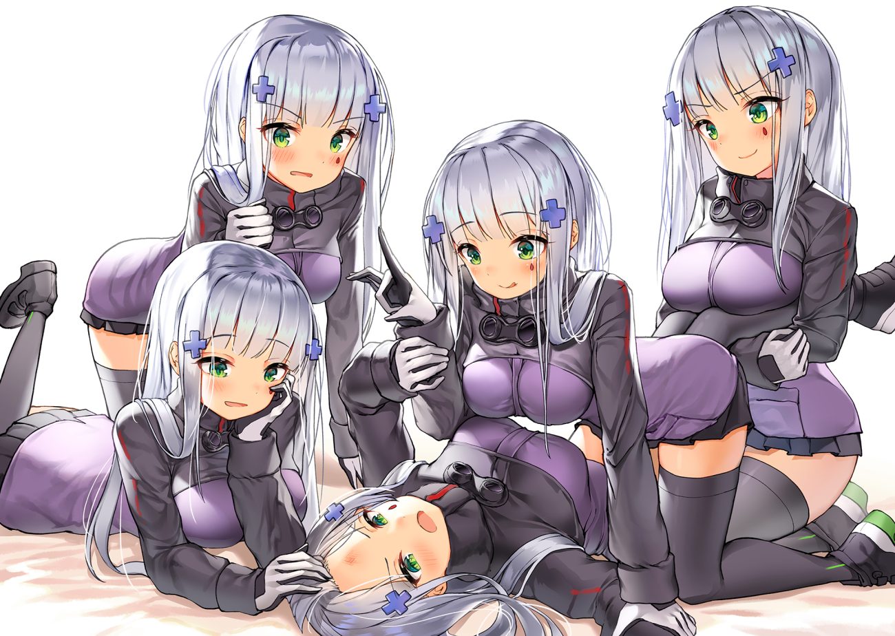 anthropomorphism blush breasts girls frontline gloves gray hair green eyes hk416 (girls frontline) lee seok ho long hair tattoo thighhighs zettai ryouiki