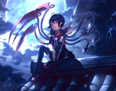 black hair bow clouds houjuu nue jpeg artifacts moon night pink eyes short hair sky sunakumo thighhighs touhou wings wristwear