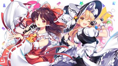 2girls blonde hair bow brown hair dress food hakurei reimu hat japanese clothes kirisame marisa long hair microphone miko rotte (1109) sarashi tie touhou underwear wink witch witch hat wristwear yellow eyes