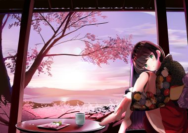 barefoot blush brown hair cherry blossoms clouds drink flowers food green eyes japanese clothes kimono long hair original schreibe shura sky tree water
