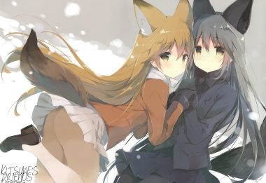 2girls animal ears anthropomorphism ass brown eyes brown hair foxgirl gloves gray hair kemono friends long hair pantyhose red fox (kemono friends) scan shiratama silver fox (kemono friends) skirt tail