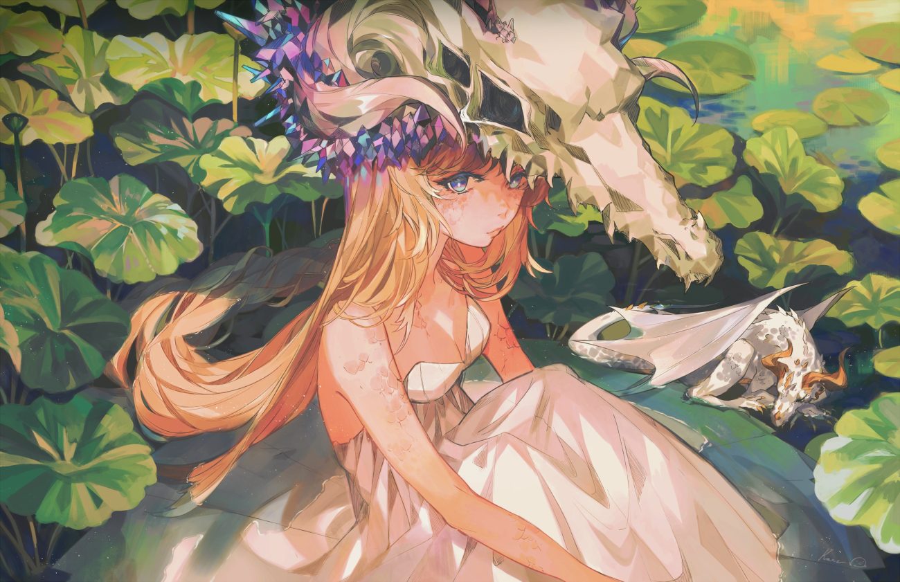 blue eyes breasts cleavage dragon dress green headdress kanekiru leaves long hair orange hair original skull summer dress water