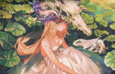 blue eyes breasts cleavage dragon dress green headdress kanekiru leaves long hair orange hair original skull summer dress water
