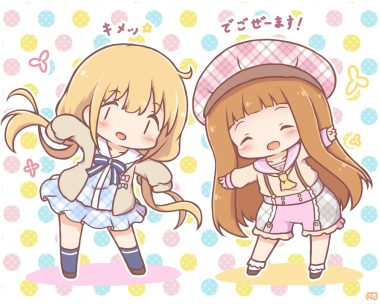 2girls blonde hair brown hair chibi futaba anzu hat ichihara nina idolmaster idolmaster cinderella girls idolmaster cinderella girls starlight stage kneehighs long hair mitarashi neko school uniform shorts skirt socks twintails