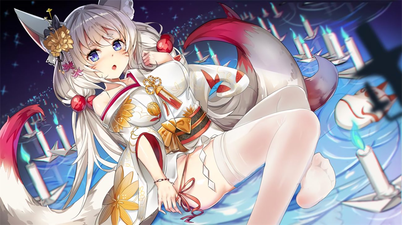 animal ears blue eyes blush foxgirl gray hair japanese clothes kimono mask multiple tails original tail thighhighs twintails waifu2x water wristwear yusan