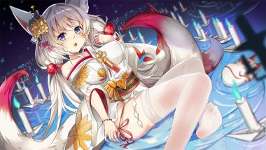 animal ears blue eyes blush foxgirl gray hair japanese clothes kimono mask multiple tails original tail thighhighs twintails waifu2x water wristwear yusan