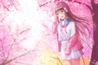 blush brown hair cherry blossoms flowers kubong long hair original petals school uniform skirt tree yellow eyes