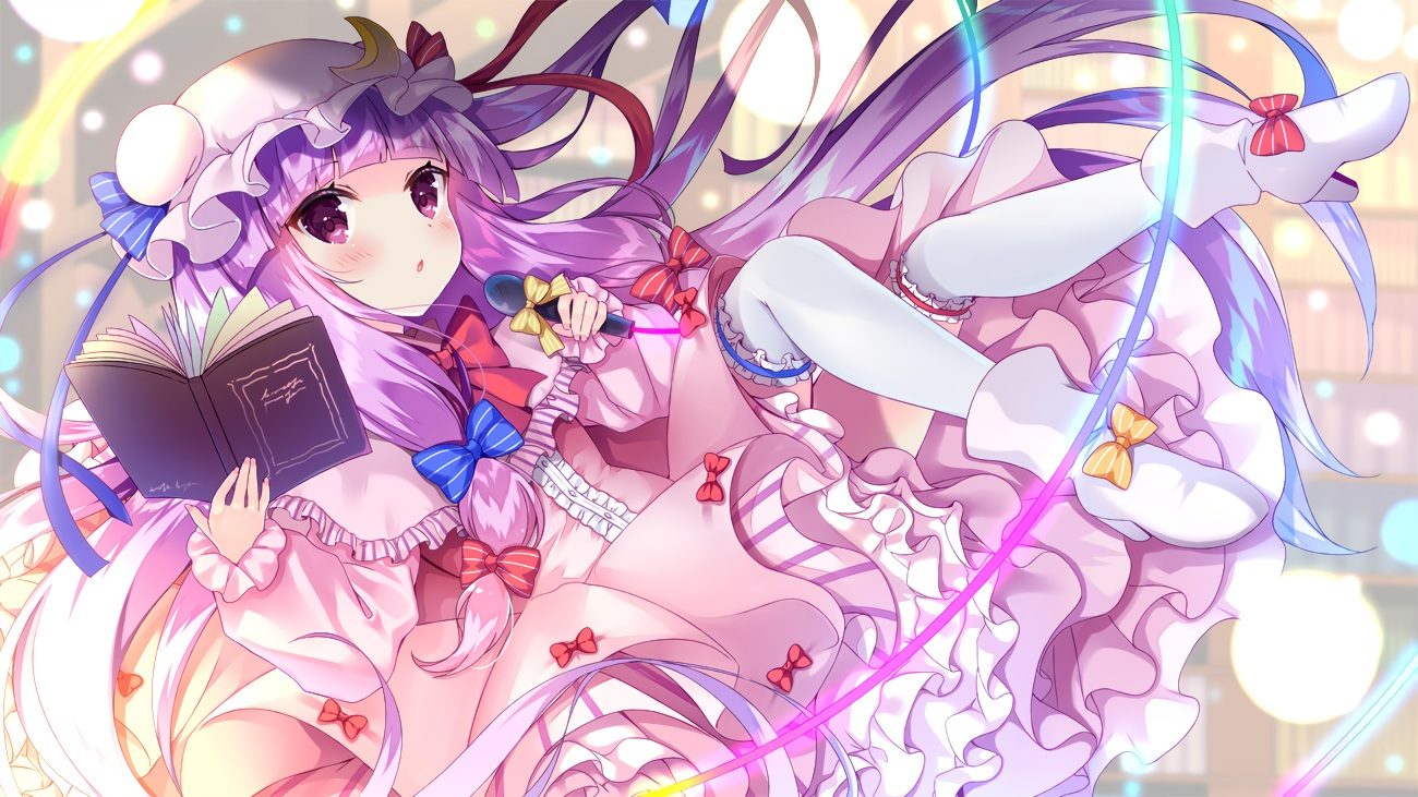 blush book boots bow dress garter hat ko yu long hair microphone patchouli knowledge purple eyes purple hair thighhighs touhou