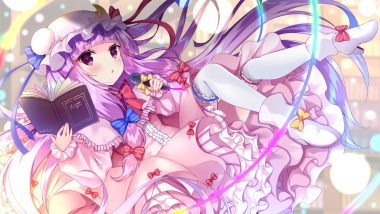 blush book boots bow dress garter hat ko yu long hair microphone patchouli knowledge purple eyes purple hair thighhighs touhou