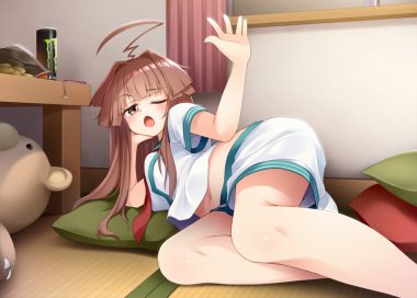 anthropomorphism brown eyes brown hair drink food kantai collection kuma (kancolle) long hair mofu namako navel school uniform shorts teddy bear wink