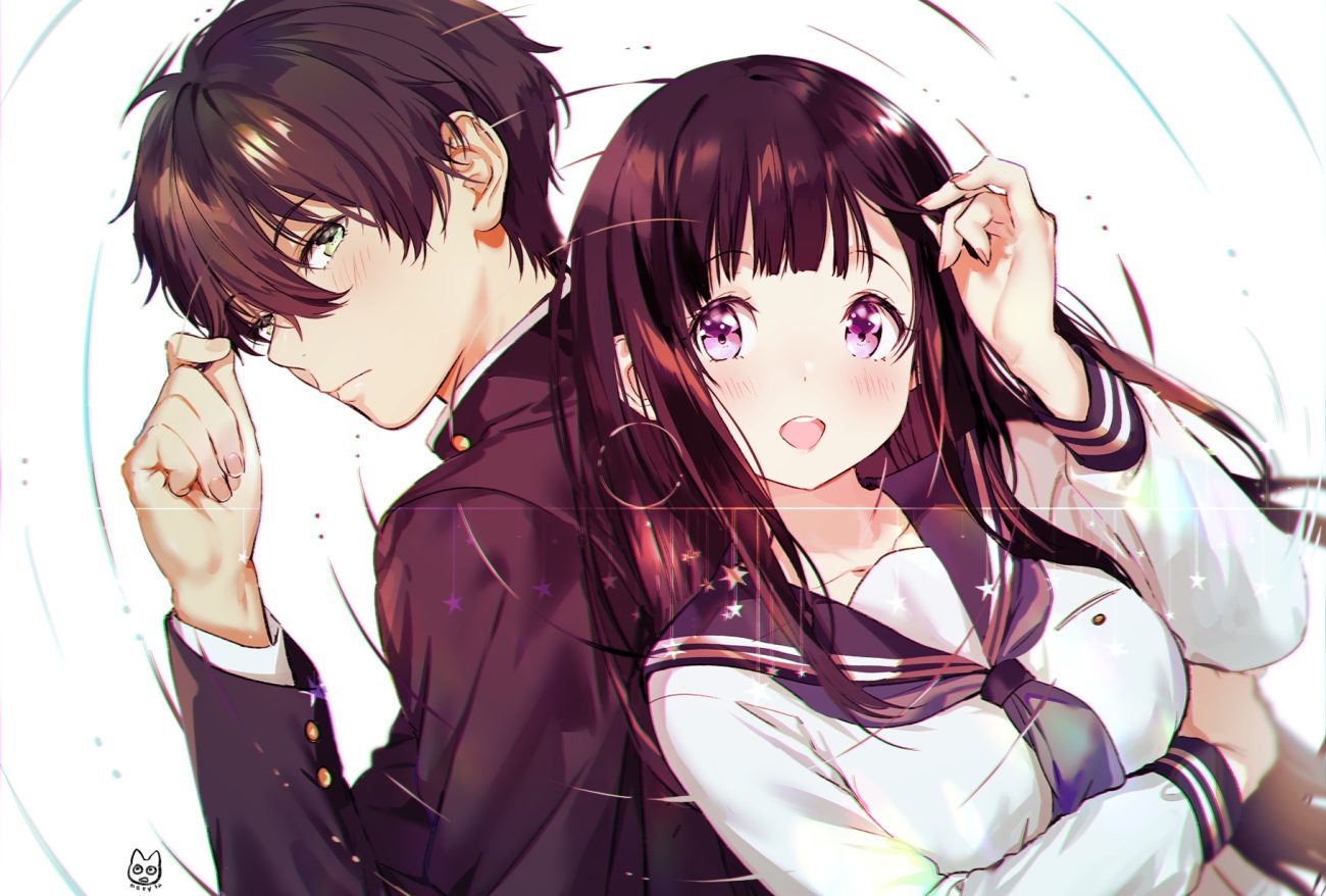 black hair blush breast hold breasts chitanda eru green eyes hyouka long hair male mery (apfl0515) oreki houtarou purple eyes school uniform short hair signed
