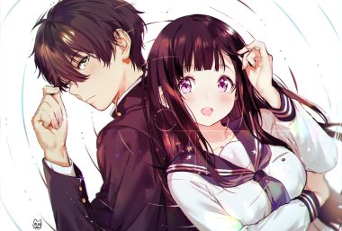 black hair blush breast hold breasts chitanda eru green eyes hyouka long hair male mery (apfl0515) oreki houtarou purple eyes school uniform short hair signed