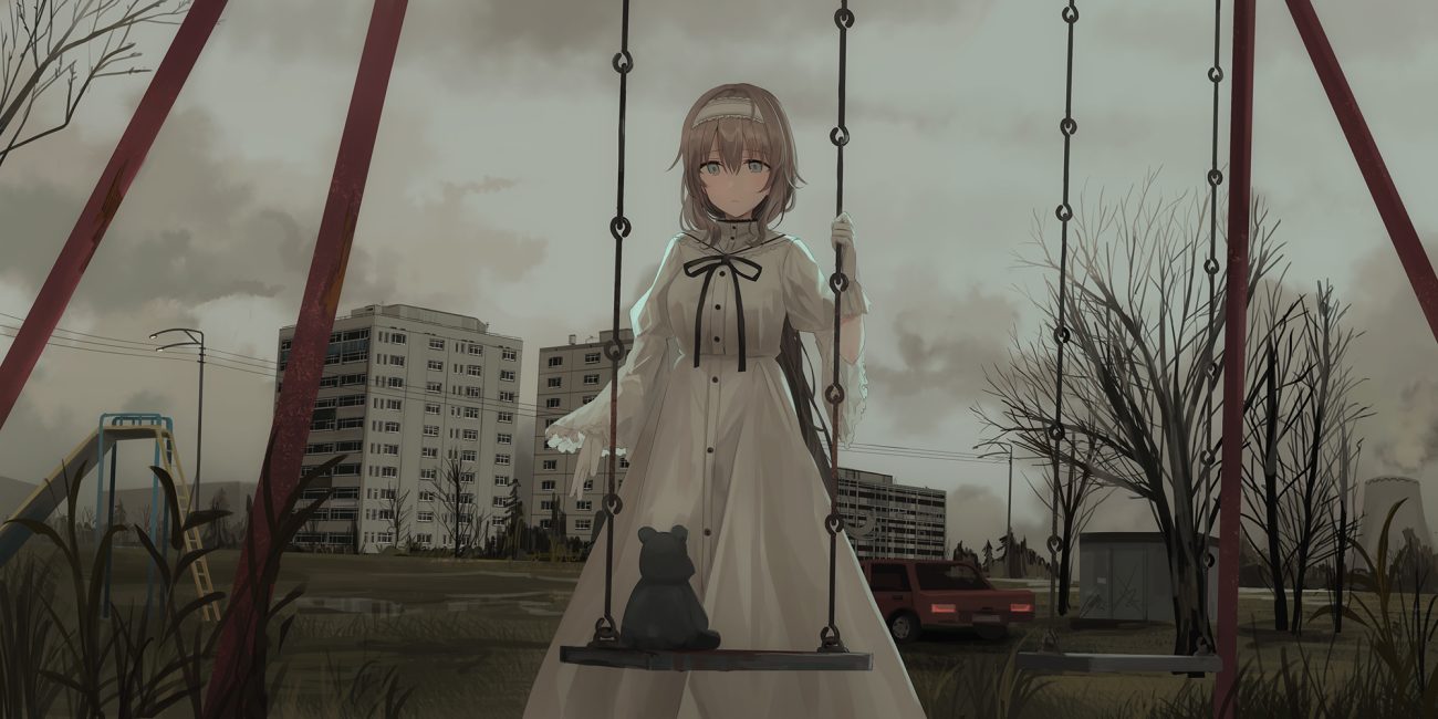 brown hair building car chihuri405 clouds dark dress gloves grass headband lena (chihuri) lolita fashion long hair original park sky teddy bear winter