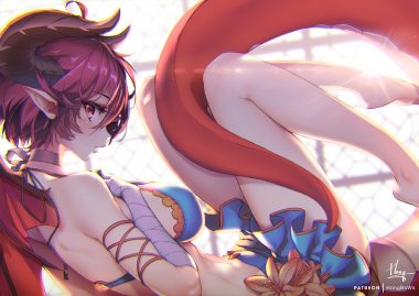 bandage bikini breast hold breasts choker granblue fantasy grea (shingeki no bahamut) hong (white spider) horns pointed ears purple hair red eyes shingeki no bahamut short hair signed skirt swimsuit tail waifu2x watermark wings