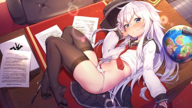 anthropomorphism aqua eyes blush hat hibiki (kancolle) kantai collection loli long hair panties paper school uniform shennai misha thighhighs tie underwear white hair