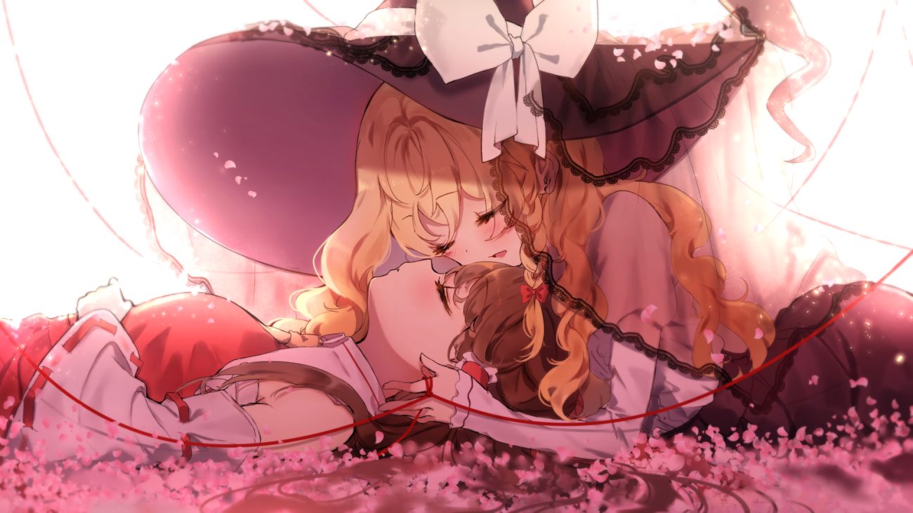 2girls blonde hair bow braids brown hair cherry blossoms flowers hakurei reimu hat japanese clothes kirisame marisa long hair miko piyokichi shoujo ai sleeping touhou witch hat
