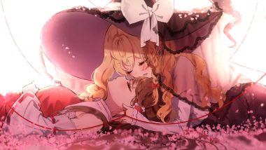 2girls blonde hair bow braids brown hair cherry blossoms flowers hakurei reimu hat japanese clothes kirisame marisa long hair miko piyokichi shoujo ai sleeping touhou witch hat