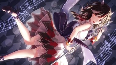 black hair bow dress dtvisu horns kijin seija microphone music red eyes short hair touhou wristwear
