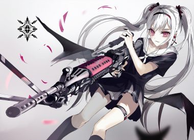 beckzawachi gradient gray hair gun headband kneehighs long hair original pink eyes school uniform skirt twintails upskirt weapon