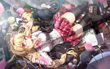 animal blonde hair bow braids cat food glasses headband kuria (clear trip second) long hair moroboshi meroko moroboshi meroko (character) paper pink eyes skirt thighhighs twintails