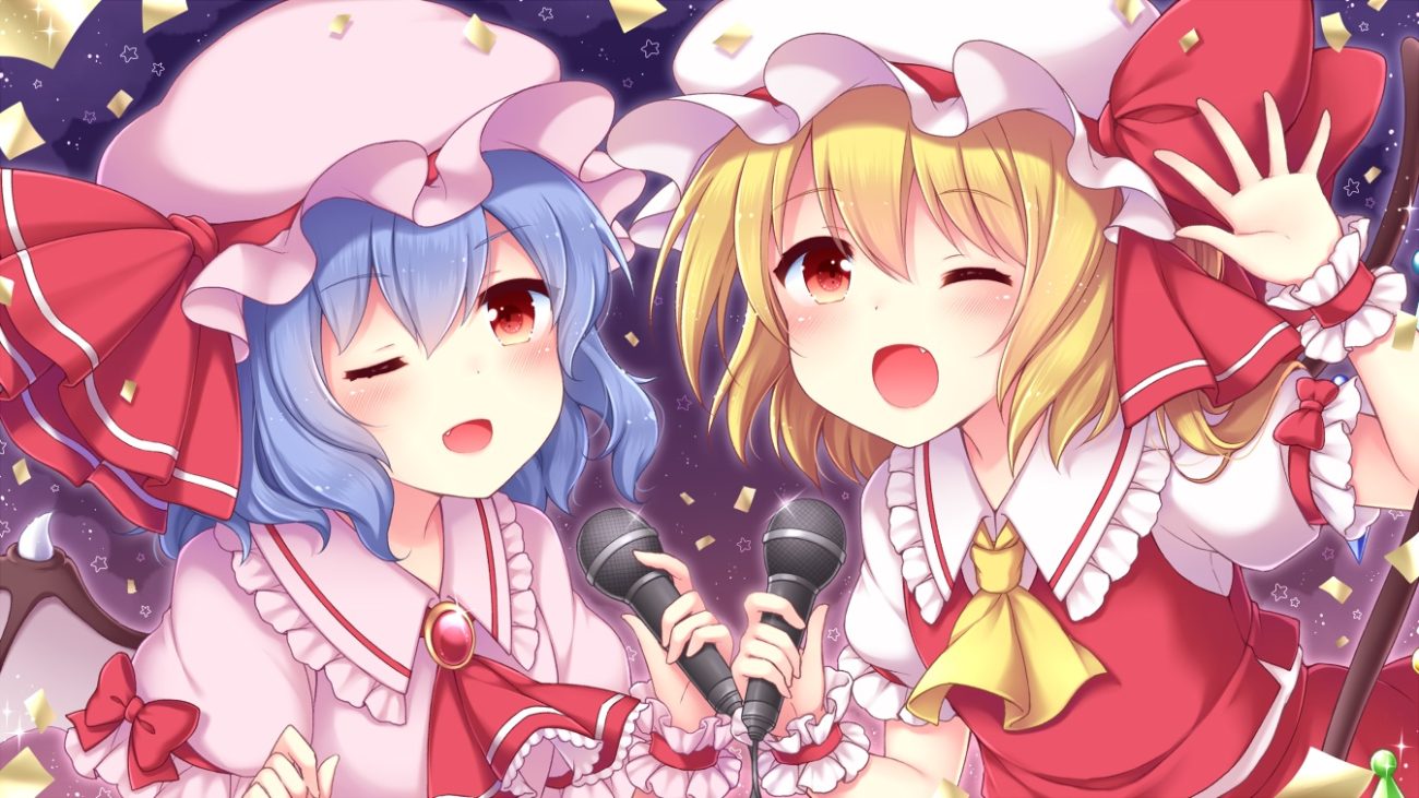 2girls blonde hair blue hair blush bow fang flandre scarlet loli microphone red eyes remilia scarlet sanotsuki short hair touhou vampire wings wink wristwear