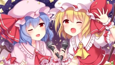 2girls blonde hair blue hair blush bow fang flandre scarlet loli microphone red eyes remilia scarlet sanotsuki short hair touhou vampire wings wink wristwear