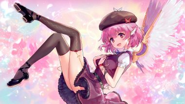 ainy77 blush bow brown eyes feathers hat mystia lorelei pink hair short hair signed skirt thighhighs touhou wings wristwear