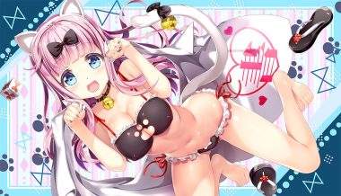 animal ears aqua eyes bell blush bow bra breasts catgirl cleavage collar erect nipples fujima takuya fujiwara chika kaguya-sama wa kokurasetai ~tensai-tachi no renai zunousen~ long hair navel panties pink hair ribbons tail underwear waifu2x