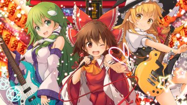 animal blonde hair blush bow braids breasts brown eyes brown hair green eyes green hair guitar hakurei reimu hat heart instrument japanese clothes kirisame marisa kochiya sanae long hair magic maru-pen microphone miko snake tie torii touhou wink witch witch hat yellow eyes
