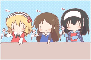 black hair blonde hair book brown hair cat smile chibi dress headband headdress idolmaster idolmaster cinderella girls lolita fashion long hair mitarashi neko sagisawa fumika sakurai momoka scarf short hair tachibana arisu