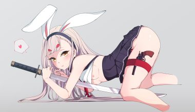 aliasing animal ears anthropomorphism ass azur lane blush breasts bunny ears bunnygirl foley anden gun headband katana long hair nipples no bra nopan school uniform shimakaze (azur lane) shirt lift skirt skirt lift sword weapon white hair yellow eyes
