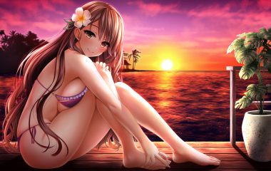 barefoot bikini blush breasts brown eyes brown hair clouds flowers fushimi (fukumi) long hair original sky sunset swimsuit tree water