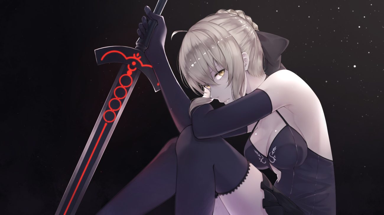 artoria pendragon (all) blonde hair breasts cleavage dress elbow gloves fate/grand order fate (series) gloves saber saber alter scal2let sword thighhighs weapon yellow eyes zettai ryouiki