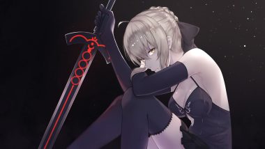 artoria pendragon (all) blonde hair breasts cleavage dress elbow gloves fate/grand order fate (series) gloves saber saber alter scal2let sword thighhighs weapon yellow eyes zettai ryouiki