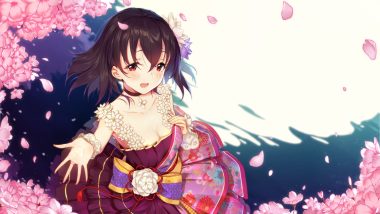 blush breasts brown hair cherry blossoms choker cleavage dress flowers fujiwara hajime idolmaster idolmaster cinderella girls idolmaster cinderella girls starlight stage japanese clothes petals red eyes short hair water wristwear wukloo