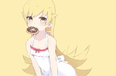 bakemonogatari blonde hair dress food loli long hair monogatari (series) oshino shinobu sketch summer dress tr (hareru) vampire yellow yellow eyes