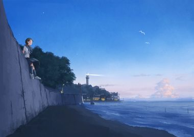 animal beach bird clouds kneehighs lighthouse original pochi (poti1990) scenic school uniform signed skirt sky tree twintails water